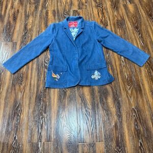 Rustic Denim Womens L Blue Embroidered Bird Floral Blazer Jacket Cotton Boho